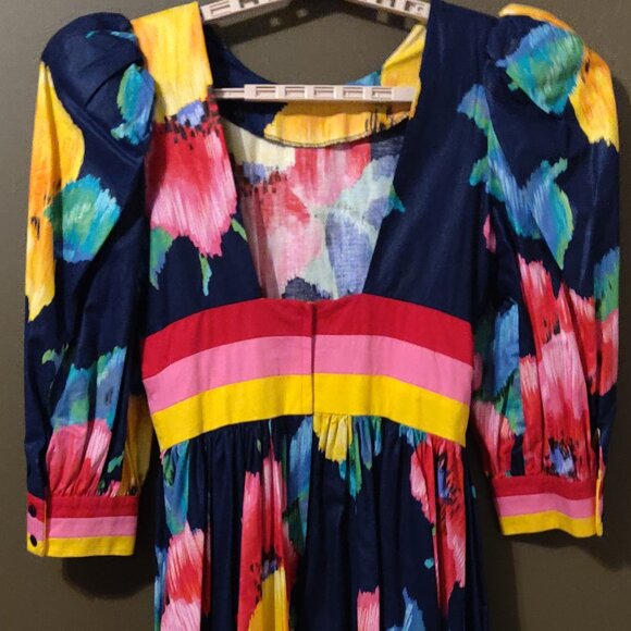 Vintage 1980's Leslie Lucks Floral Midi Navy Blue Dress SIZE 12 - Picture 3 of 9